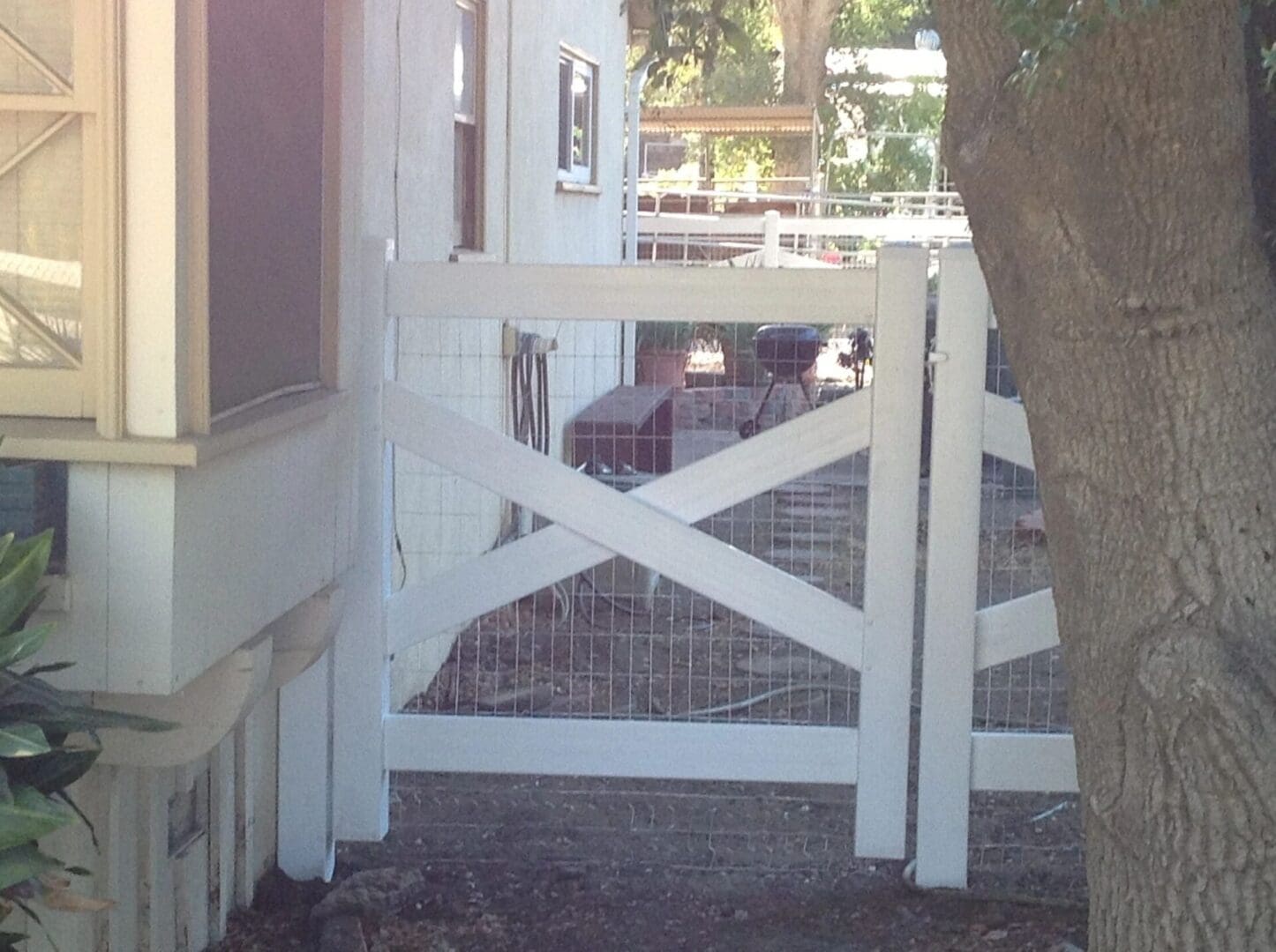 White wooden gate beside a tree.