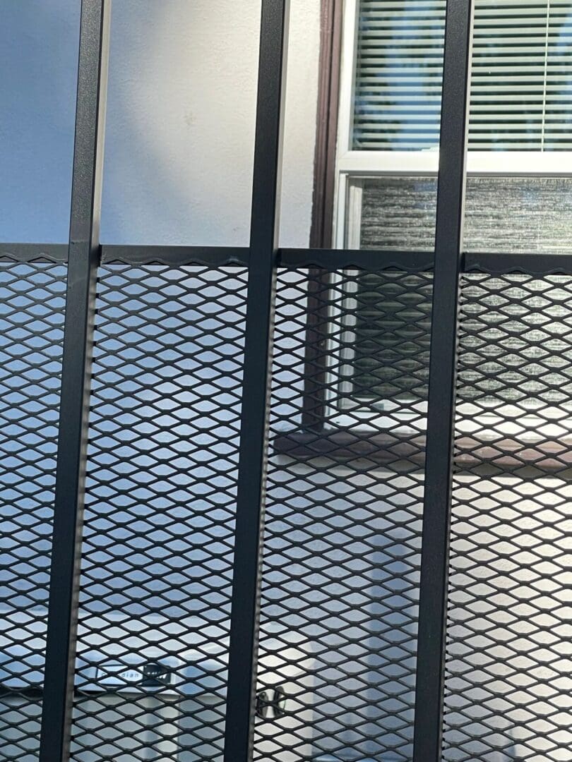 Metal fence in front of window.