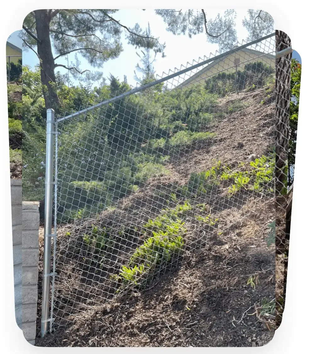 A fenced hillside with sparse vegetation and rocky terrain.